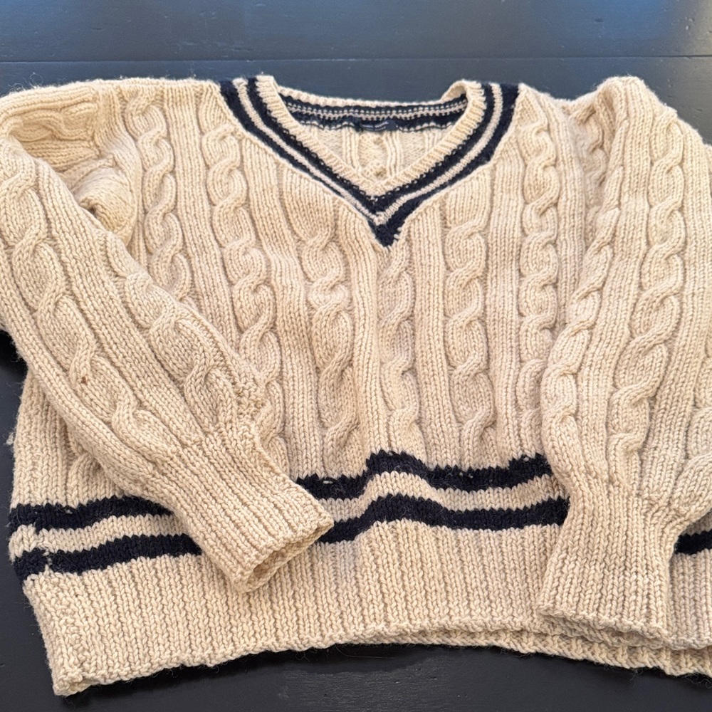 Vintage Polo Ralph Lauren Cable Knit Wool V-Neck Sweater - Cream and Navy